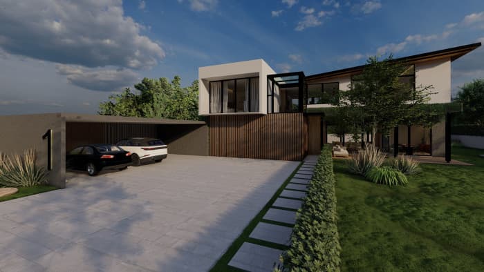 Residencia de lujo en preventa Planes de Renderos - Render vista frontal de la casa y garaje