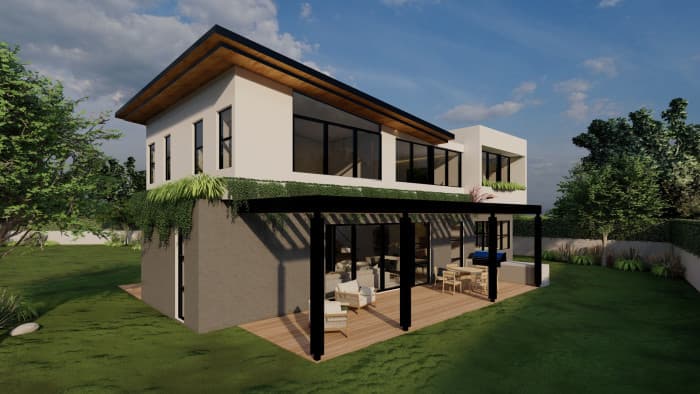 Residencia de lujo en preventa Planes de Renderos - Render vista a la terreza y segundo piso
